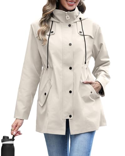 RUMIA Raincoat Women Waterproof Long Hooded Trench Coats Lined Windbreaker Jackets for Women 2026 Khaki XL