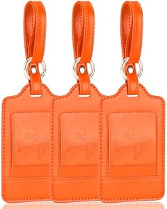 Teskyer 3 Stück Kofferanhänger - Schutz der Privatsphäre, Schnelle Identifikation, PU Leder Kofferanhänger Flugreise, Zerklüftet, Gepäckanhänger, Orange