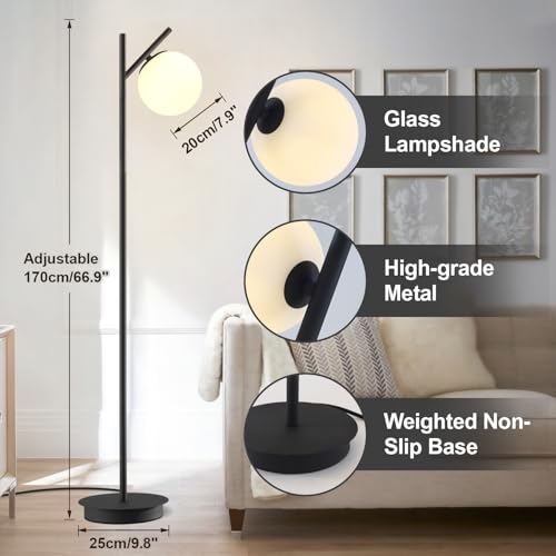 Image of Modern Floor Lamp for Living Room Retro Vintage Tall Standing Lamp Mid Century Black Freestanding Lamp Contemporary Glass Floor Lamps for Bedroom Office Hotel