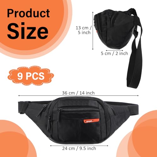 Reginary 9 Pcs Fanny Packs for Women & Men, Black, Water Repellent, Adjustable Waistband, Running Waist Packs