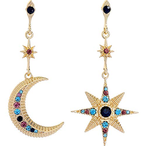 Gmillions Exaggerated Luxury Sun Moon Stars Drop Earrings Rhinestone Earrings for Women Jewelry Vintage Statement Earrings (gold+blue)