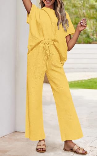 Image of PRETTYGARDEN 2 Piece Outfits For Women Casual Tracksuit Short Sleeve Tops And Wide Leg Long Pants Matching Lounge Sets