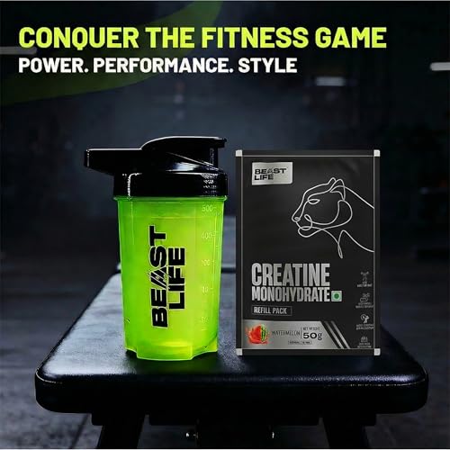 Image of Beastlife Pure Super Micronised Creatine & Shaker Pack | 50 g | 13 Servings | Watermelon | NABL Lab Tested | Rapid Absorption for Muscle Strength & Athletic Performance | Super Micronised Creatine Powder