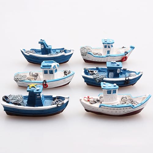 YUANGUNGUN 6-Piece Mini Fishing Boats Set - 2.5' Mediterranean Style Decor for Aquariums, Dioramas & Fairy Gardens (Vintage Nautical Theme,Resin Boats, Ocean Theme) (Random Styles)