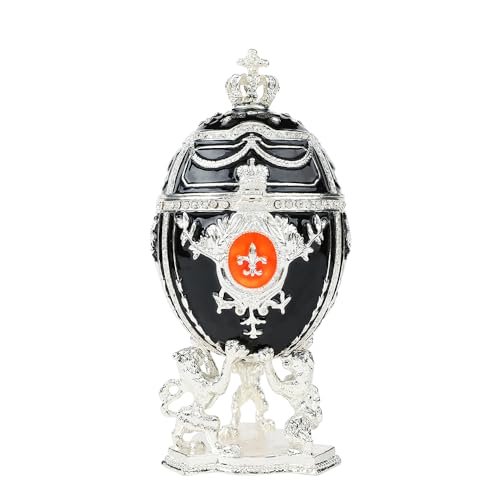 QIFU Hand Painted Black Easter Egg Style Enamel Trinket Box Hinged, Unique Gift for Family