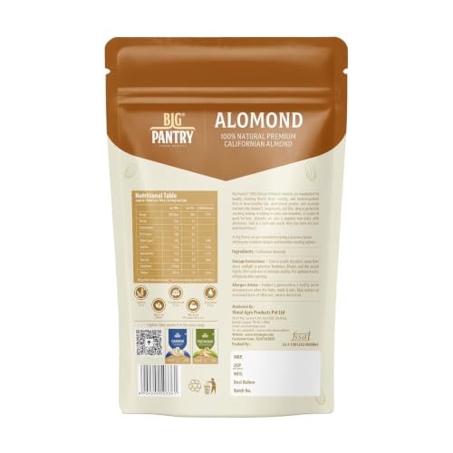 Image of BIG Pantry Premium California Almonds 200g | Whole Natural Badam | Crunchy & Fresh Almond Nuts | High Protein & High Fiber Snack | Gluten Free | Resealable Stand-Up Pouch (Pack of 1)