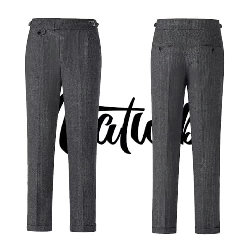 Men's Dress Pants Regular Fit Front Tweed Herringbone Retro Wool Trousers4
