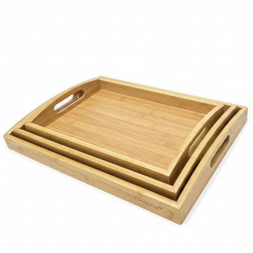 TOPVALAEUR Wooden Tray Set - Bamboo Serving Tray and Wooden Platter Set of 3 - Elegant And Durable Serving Trays For Breakfast In Bed & Tea