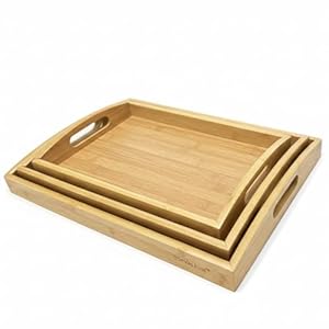 Wooden Tray Set – Bamboo Serving Tray and Wooden Platter Set of 3 – Elegant and Durable Serving Trays for Breakfast in Bed & Tea