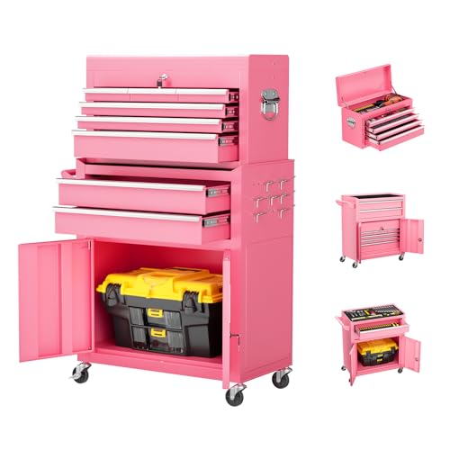 Crownland 8-Drawer Rolling Tool Chest with Wheels, Lockable 2 in 1 Detachable Tool Cabinet wit Drawers and Black Liners, Garage Top Toolbox & Bottom Storage Cart with Side Hooks(Pink)