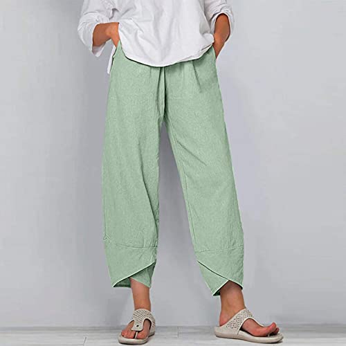 Image of Womens Cotton Linen Capri Pants Casual Elastic Printed Ankle Pants | Cotton Linen Capri Pants for Women 2025 Casual Printed Cropped Palazzo Pants Elastic Waist Lounge Baggy Trousers