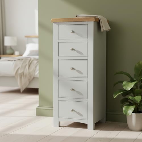 Cómoda de 5 cajones de madera pintada con estructura gris delgada lista para usar en casa 5