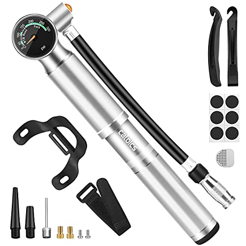Mini Bike Pump,Bike Pump 300 psi & Glueless Puncture Repair Kit,High Pressure Bike Pump for Mountain Bike Tire/Rear Shock & Suspension Fork,with Dial-Gauge/Bleed Valve/Presta & Schrader Valve Adapter