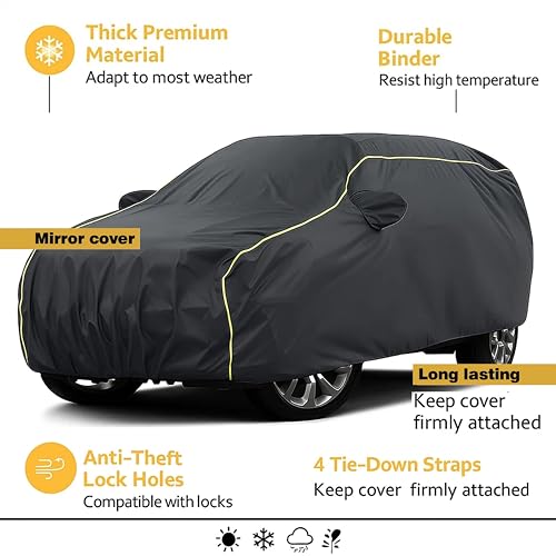 Image of Sulfar 100% Water Resistant Car Body Cover Compatible with Mirror for Mahindra TUV300 (Triple Stitched, Full Bottom Elastic, Dark Grey Taffeta with Yellow Piping)