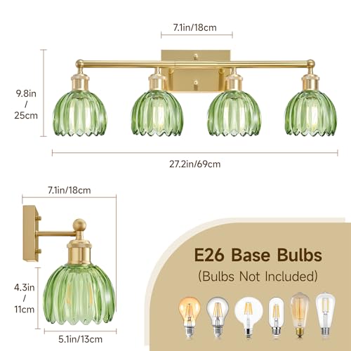 Image of 4 Light Vanity Lights for Bathroom, 27.2 in Brushed Brass Gold Bathroom Vanity Lights Over Mirror,Wall-Mounted Bath Room Lighting Fixtures with Green Tulip Glass Shade for Bedroom Living Room