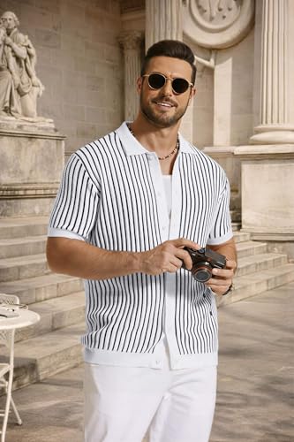 Image of COOFANDY Mens Knit Button Down Shirts Short Sleeve Polo Shirt Vintage Striped Casual Shirts