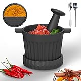 Aurionix Cast Iron Mortar and Pestle & Garlic Grater Plate Set, Guacamole Bowl and Masher with Bonus Brush/Spoon,Small Mortar and Pestle Set 3-in-1 Crushing Smasher for Kitchen Spices and Pesto