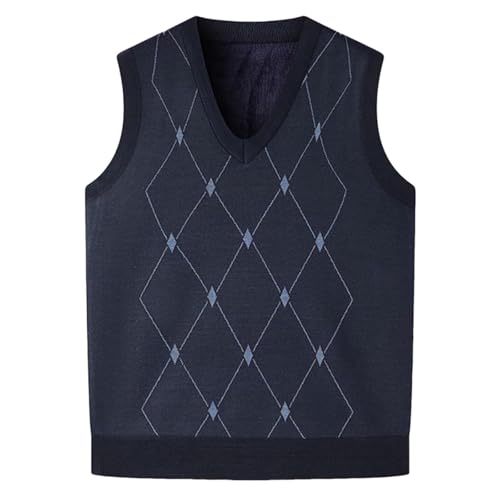 Men's Winter Fleece Waistcoat Diamond Checkered Knitwear Sleeveless Cardigan Sweater Cold Weather Thermal Vest