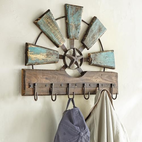BLACK FOREST DECOR Weathered Windmill Coat Rack – Rustic Western Wall Hook Rack – 20" W x 16" H