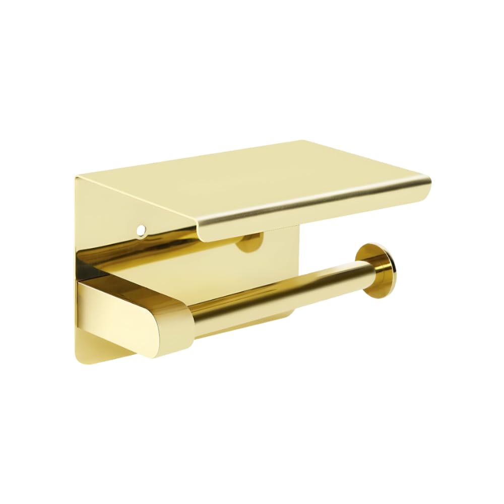 NIKCORP - Toilet Roll Holder with Shelf, Brushed Stainless Steel Paper Holder, Bathroom Wall Mounted Toilet Roll Holder - Chrome Gold