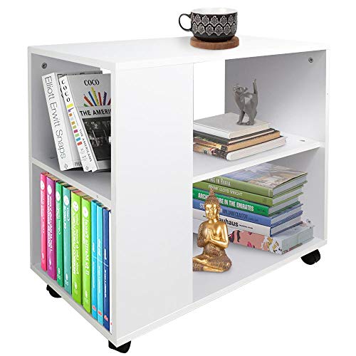 BAKAJI Libreria Bassa Scaffale 5 Ripiani con Ruote in Legno Antigraffio con strato Melaminico Tavolino Laterale Divano Design Moderno per Soggiorno Salotto Casa o Ufficio (Bianco)