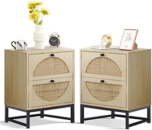 Lamerge Rattan Nightstands Set of 2, Wood Nightstand with 2 Drawers End Table Set of 2,Boho Side Table Bedside Table with Metal Legs,Accent Table for Bedroom Living Room,Beige