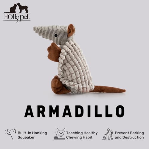 Image of Hollypet Plush Dog Squeaky Toy Stuffed Armadillo Animal Pet Puppy Chew Toys with Clean Teeth for Small Medium Large All Breed Sizes Dogs, Light Gray, 8 in