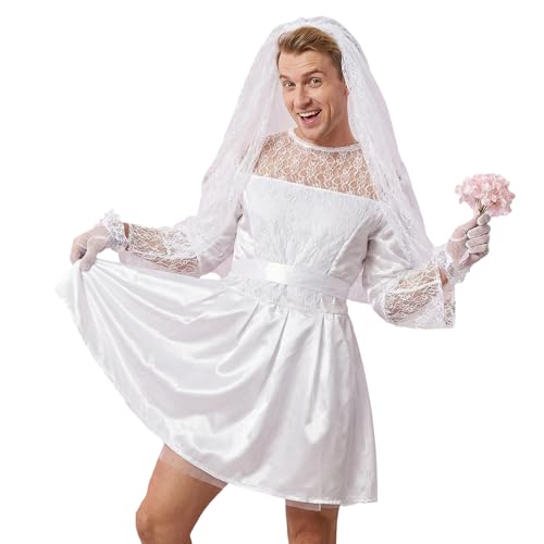 Aleshime Mens Bride Costume Set Funny Wedding Dress with Veil and Lace Gloves for Halloween Bachelor Party Cosplay