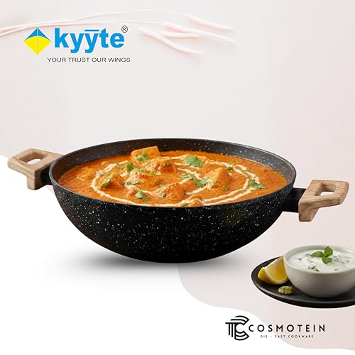 Image of kyyte CosmoTein Die Cast Non Stick Kadhai with Glass Lid 20 cm Dia 1.6L,Curry,Dal,Nonstick Kadai Wok with 5 Layer Coating,Gas &Induction Stove Friendly,Dishwasher Safe,PFOA&PFOS Free, Safe&Toxic-Free.