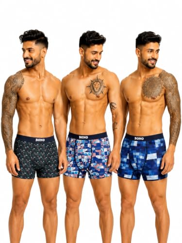 Image of BONO Men Cotton Blend Printed Trunk Combo Anti-Bacterial Moisture Wicking No Marks Stretchable Regular Fit Waistband Underwear Pack of 3 (Darkblue-Multicolor-TurquiseBlue-M)