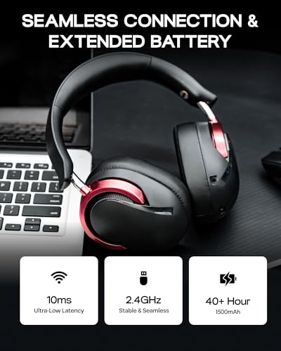 Image of MechLands Aula A700 Wireless Gaming Headset with 7.1 Surround Sound, 50mm Driver, 2.4GHz /BT /Wired, Gaming Headphone with Noise Canceling Mic, RGB Light, 40H Battery, for PS4 /PS5 /PC /Switch (Black Red)
