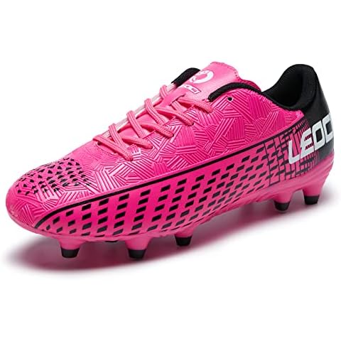 LEOCI Soccer Cleats for Mens Womens Firm Ground Soccer Football Shoe Outdoor/Indoor Boys Girls Professional Futsal Training Shoes (8 M US Women/6.5 M US Men, Rose red) Cover