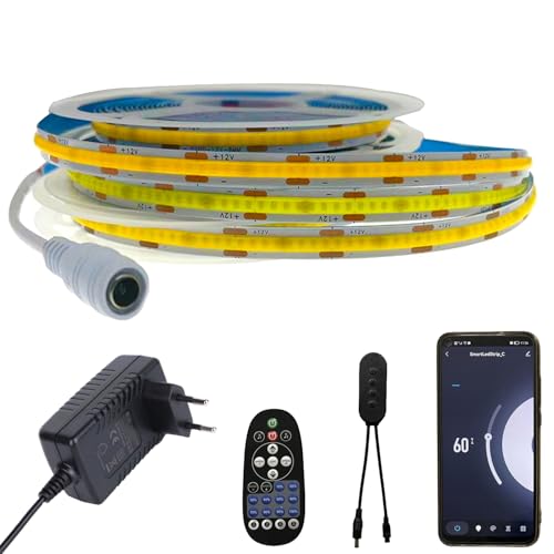 FOLGEMIR 4m COB LED Strip Neutraal Wit 4000K dimbaar, WIFI controlled ledstrip met 12V Voeding & IR Afstandsbediening, zelfklevende, waterdicht IP20, compatibel met APP Tuya