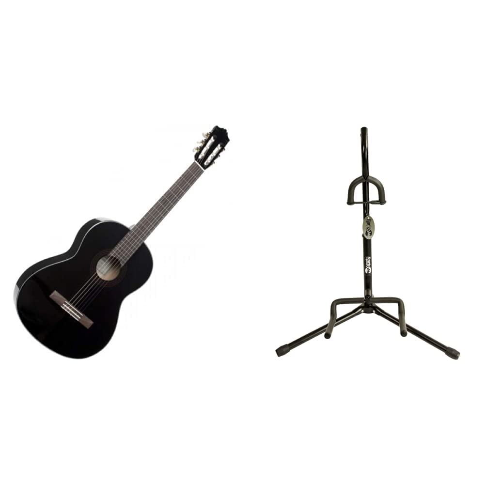 Yamaha C40BLII Akustikgitarre schwarz – Hochwertige Akustikgitarre für Einsteiger in edlem Design – 4/4 Gitarre aus Holz & Rockjam Universal Tragbarer vertikaler Gitarrenständer