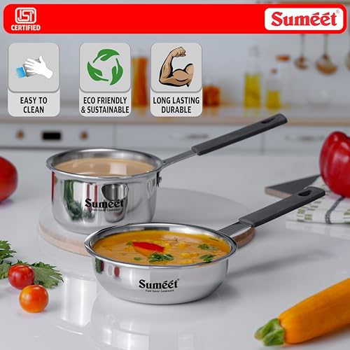 Image of Sumeet Cook Smart ISI Certified Tri-Ply (Steel - Aluminium - Steel) Set of 3 Pcs Mini FryingTadka Pan 400ml - SauceTadka Pan 450ml with Silicon Grip | Induction & Gas Friendly | 2.5mm Thick, Silver