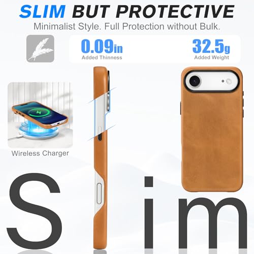 Image of SHIELDON Genuine Leather Case for iPhone Air 6.5 inch 2025, Retro Light Brown | Compatible with MagSafe, Magnetic Wireless Charging, Camera Button, Metal Buttons, Camera Bezel, Slim, Shockproof, Women Men
