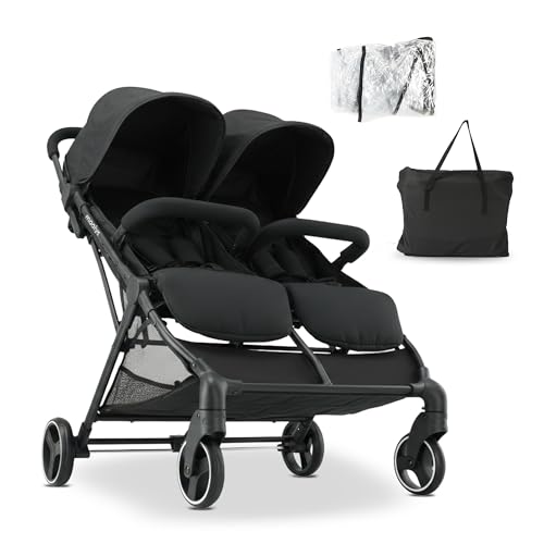 Mooiys Tess Doppel-Kinderwagen, Geschwisterwagen, ab Geburt bis ca. 4 Jahre (22 kg), leicht, schnell zusammenklappbar, freistehend, großer Staukorb, inkl. Regenverdeck und Tragetasche, Schwarz