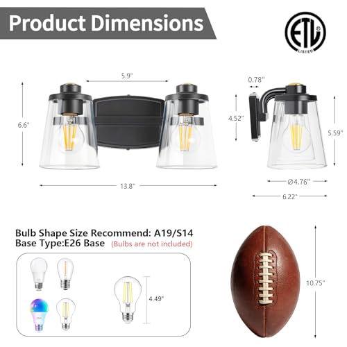 Image of Bathroom Light Fixture, 14 Inches 2-Light Matte Black Vanity Light