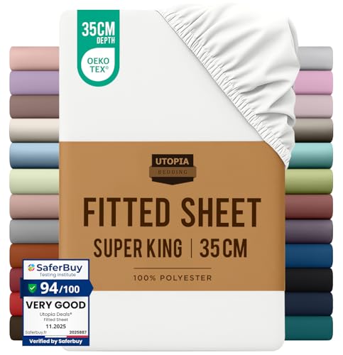 Utopia Bedding Fitted Sheet Super King White - Deep Pocket 14 inch (35 cm) - Easy Care - OEKO-TEX Certified - Soft Brushed Microfibre Fabric - Shrinkage and Fade Resistant - Bottom Sheet