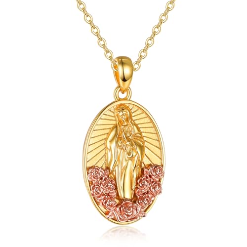 AENEAS Virgin Mary Necklace for Women Sterling Silver Gold Plated Virgen de Guadalupe Pendant Rose Jewelry Baptism Faith Religious Mother's Day Gifts