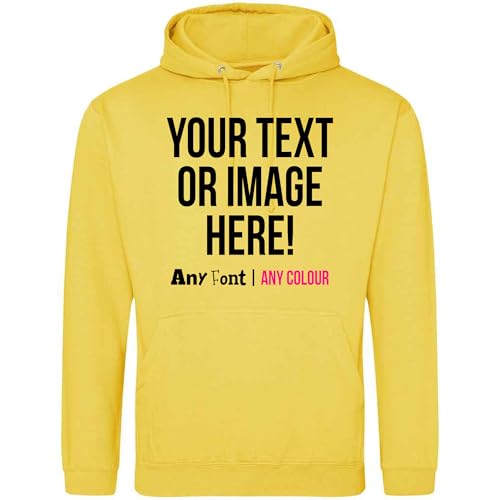 Image of Purple Print House Personalised Hoodie Mens Womens Any Text Image Photo Custom Hoody Hooded Sweatshirt, L, Sun Yellow