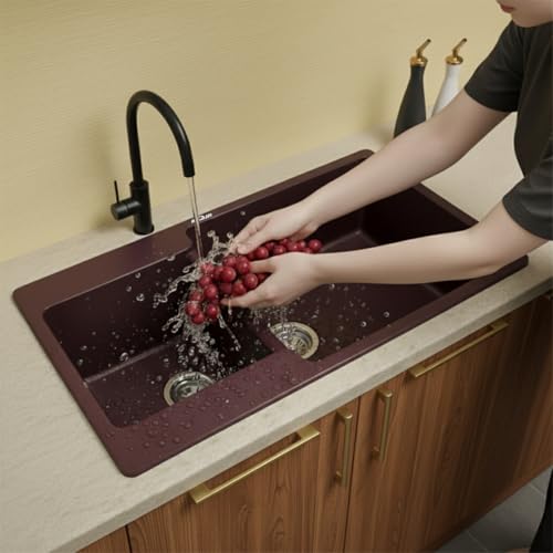 Image of ARQUIN Double Bowl Quartz Kitchen Sink 34x20x9 Inch Brown | Durable & Scratch-Resistant Sink | Undermount,Topmount | Including Coupling,Sink Connector,Waste Pipe & Fruit Washing Basket