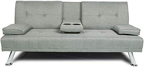 FCNEHLM Futon Sofa Bed, Modern Convertible Folding Lounge Couch for Living Room with 2 Cup Holders Removable Soft Armrest and Sturdy Metal Legs,Gray
