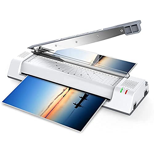 POWBUZZ Plastificadora A3 A4, 5 en 1 OL381 con 2 rollos, función ABS, cortador y redondeador de esquinas, incluye 16 láminas para oficina, hogar y escuela, color blanco Cover