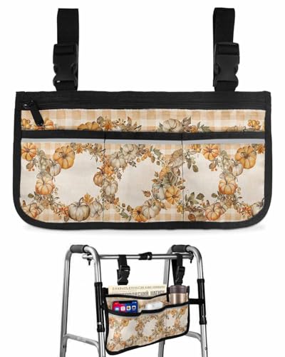 Anzona Fall Pumpkins Wheelchair Side Bag Walker Bag, Autumn Botanical Orange Plaid Wheelchair Accessories Armrest Pouch, Organizer Storage Bag for Walkers, Rollators, Scooters, 7.3''x13''