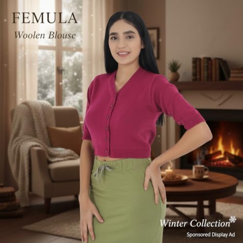 Image of Women Winter Wear V-Neck Half Sleeves Regular Fit Woollen Blouse