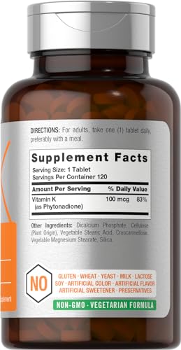 horbach vitamin k supplement  100mcg  120 tablets  vegetarian non-gmo amp gluten free supplement