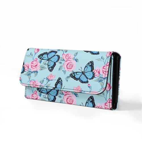 Image of AFPANQZ Wallet for Women Credit Card Holder with Coin Purse and Zipper Wallet, Blue Butterfly Rose Women's Clutch Organizer with Christmas Lights Snowman Crutch