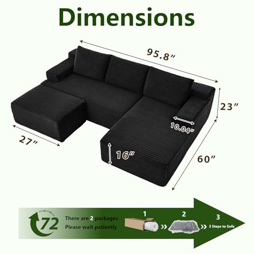 Image of 96.1 inch Modular Sectional Sofa with Ottoman, Modern Corduroy Cloud Couch, Boneless Couch Upholstered 3-Seater U-Shaped Sofa for Living Room, No Assembly (Black, Right-Facing Chaise)