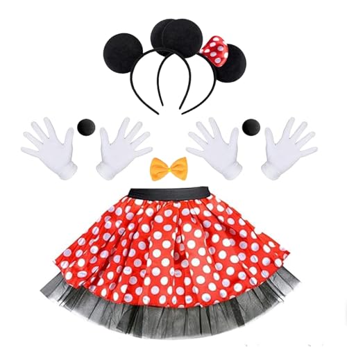 Costume de souris pour femme et adulte - Jupe rouge à pois blancs, serre-tête, nœud, gants, nez et queue, carnaval, fête à thème, cosplay